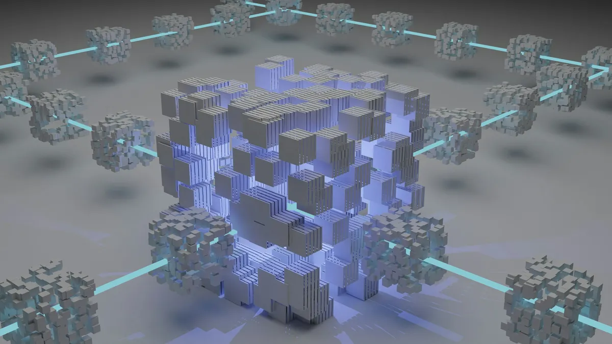 A minimalist blue 3D abstract render representing digital structure and identity